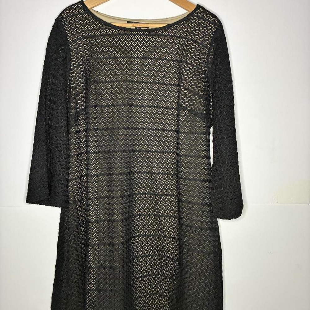 Sharagano Woman Black Crochet Lace Overlay Sheath Dress 16W 3/4 Sleeve Lining